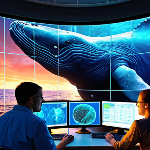Home 15 **Image Prompt:** A diverse group of researchers from different fields (marine biology, software engineering) huddled around a holographic display showing whale migration patterns. The scene is vibrant, energetic, and collaborative. Emphasize the fusion of technology and natural science. The background includes elements representing both the ocean and computer code. Style: Digital art, vibrant colors, futuristic yet grounded in reality.