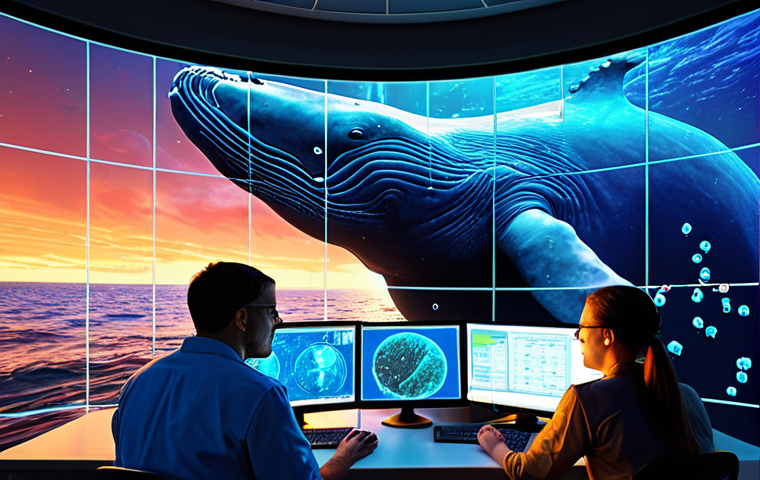 **Image Prompt:** A diverse group of researchers from different fields (marine biology, software engineering) huddled around a holographic display showing whale migration patterns. The scene is vibrant, energetic, and collaborative. Emphasize the fusion of technology and natural science. The background includes elements representing both the ocean and computer code. Style: Digital art, vibrant colors, futuristic yet grounded in reality.