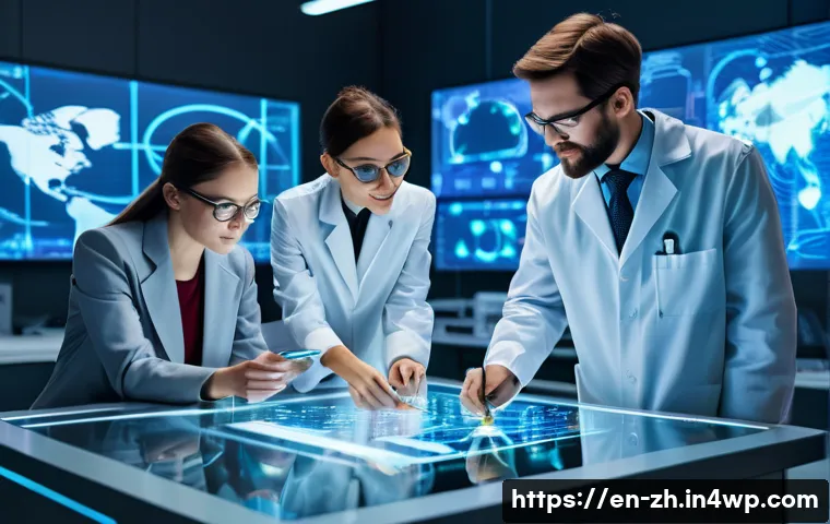 간학문적 연구의 최신 동향 - A diverse interdisciplinary research team collaborating in a modern high-tech laboratory: scientists...