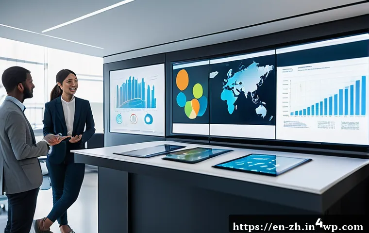 간학문적 연구에서의 학문적 기여 - A diverse interdisciplinary research team collaborating around a large digital touchscreen table dis...